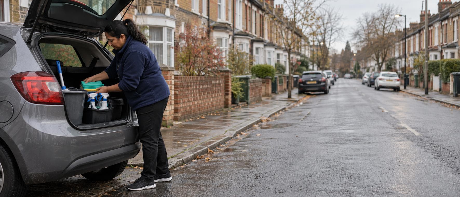 A cleaning business owner loading a mop bucket and supplies into her car boot on a terraced street in the early morning.