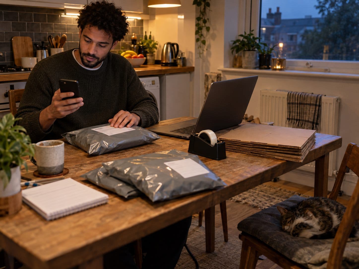 An online seller reading his phone at the kitchen table while packing orders into mailing bags.