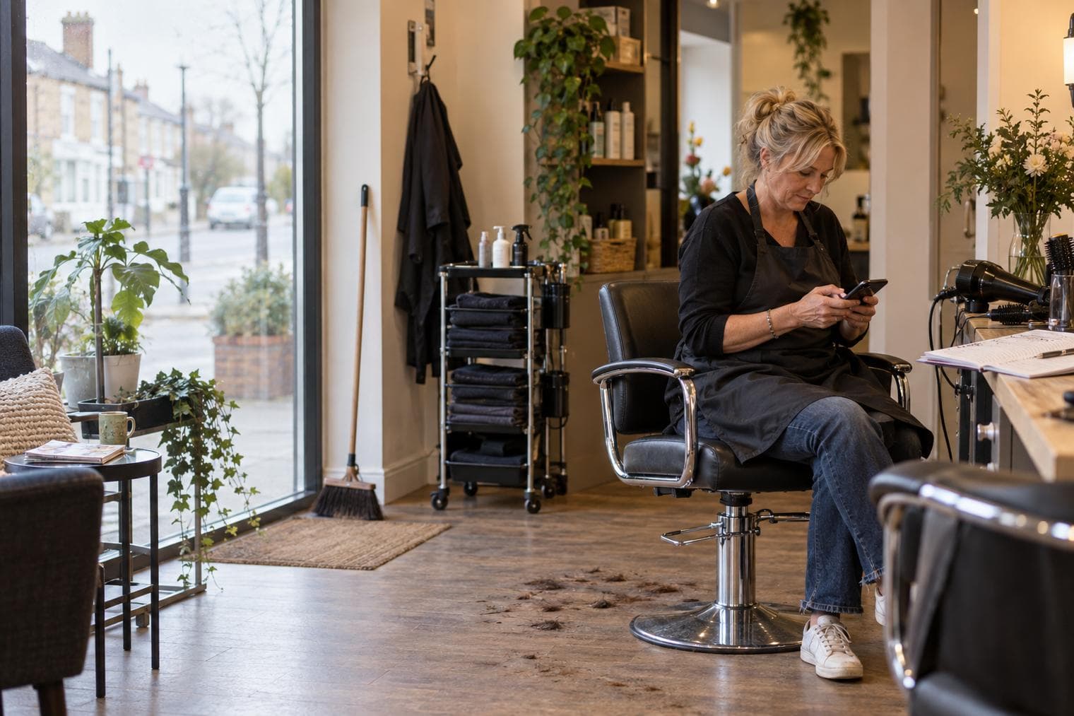 A hair salon owner checking her phone in an empty styling chair between appointments.